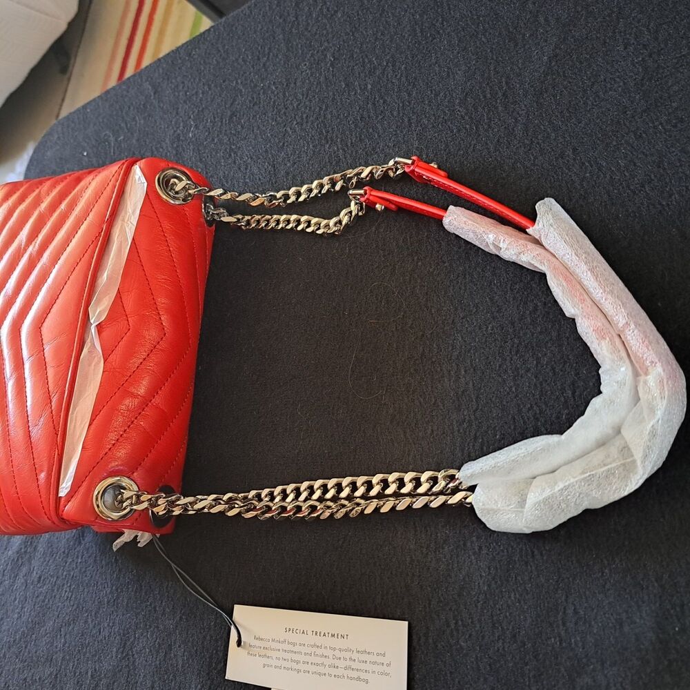 Rebecca Minkoff Crossbody Bag Red Chevron Quilted Leather Silver Chain Hardware - Picture 9 of 14